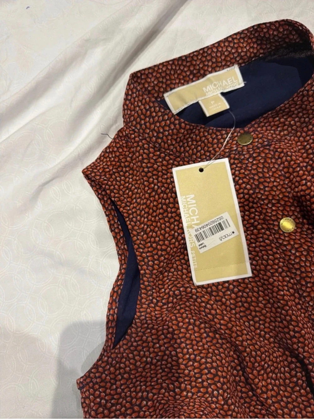 Michael Kors Textured Rust Orange Sleeveless Shell with Gold Buttons